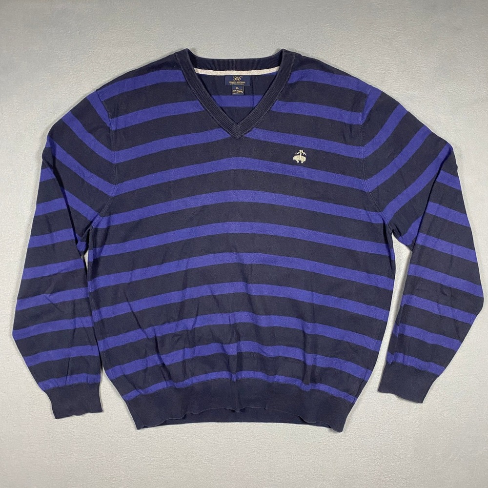 Brooks Brothers Sweater Mens XL Navy Purple Striped Cotton Cashmere V-Neck 346